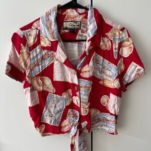 Red Hawaiian Print Tie-Front Shirt Havana Jacks